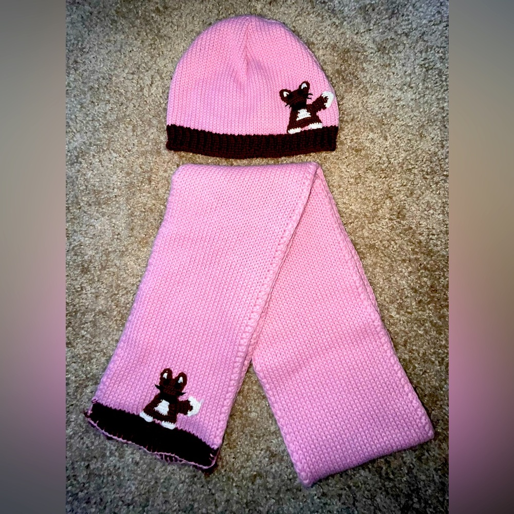 Pink Knit Fox Women’s Beanie Cap Scarf Set One Size Wool Blend Animal Print Cute